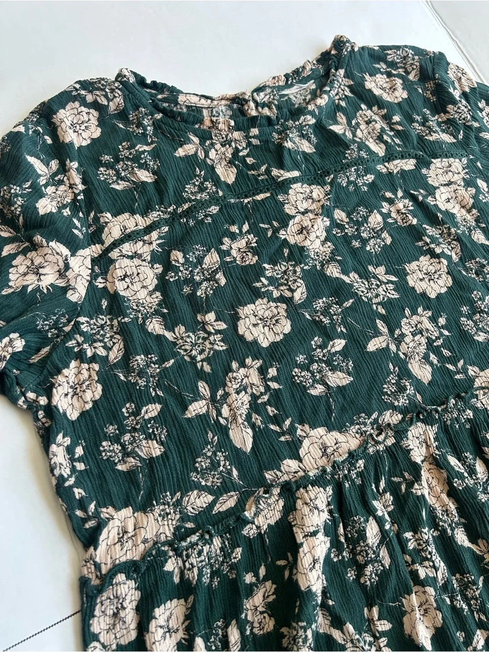 Long Sleeve Forest Green Floral Tiered Mini Dress - Picture 3 of 8
